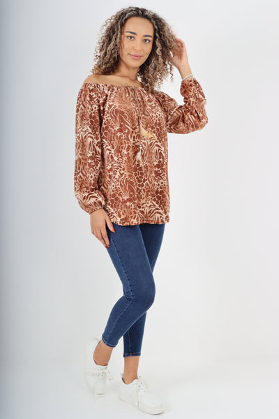 Italian Off The Shoulder Leopard Print Velour Tunic