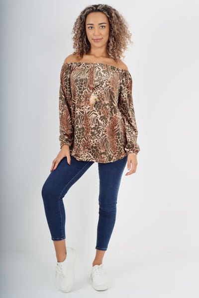 Italian Off The Shoulder Leopard Print Velour Tunic