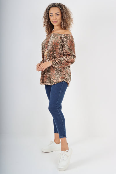 Italian Off The Shoulder Leopard Print Velour Tunic