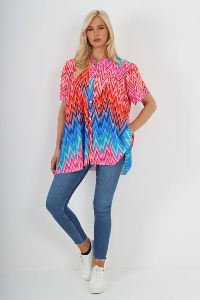 Italian Printed Button Front Short Sleeve Top