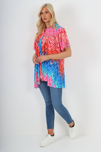 Italian Printed Button Front Short Sleeve Top