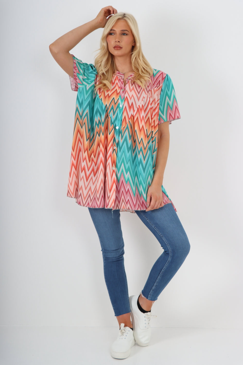 Italian Printed Button Front Short Sleeve Top