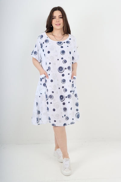 Italian Circle Pattern Ribbed Sides Short Sleeve Midi Dress