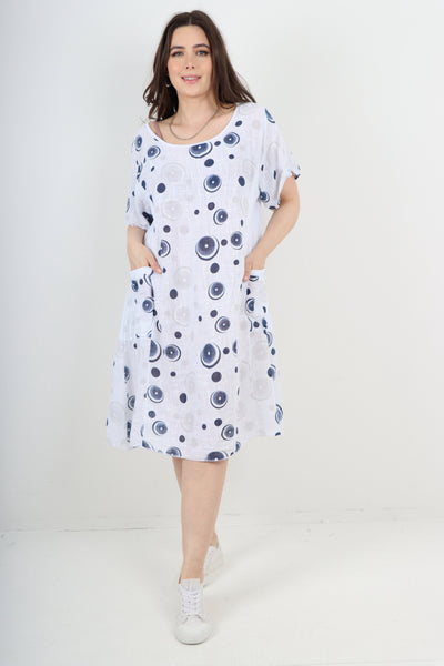 Italian Circle Pattern Ribbed Sides Short Sleeve Midi Dress