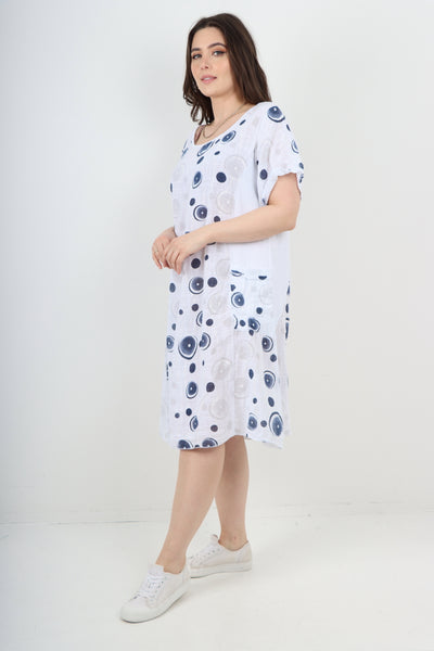 Italian Circle Pattern Ribbed Sides Short Sleeve Midi Dress