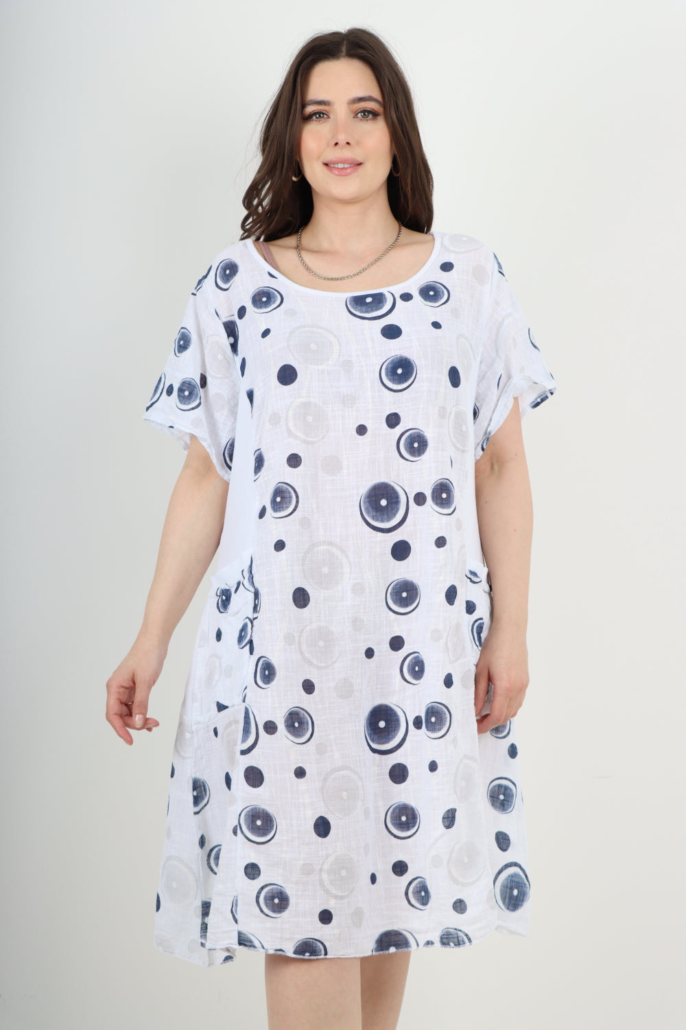 Italian Circle Pattern Ribbed Sides Short Sleeve Midi Dress