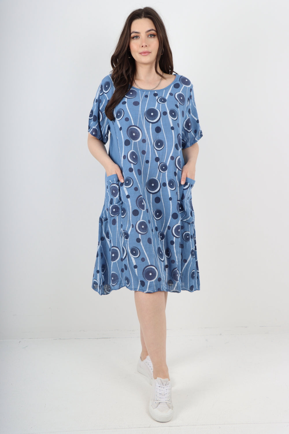 Italian Circle Pattern Ribbed Sides Short Sleeve Midi Dress