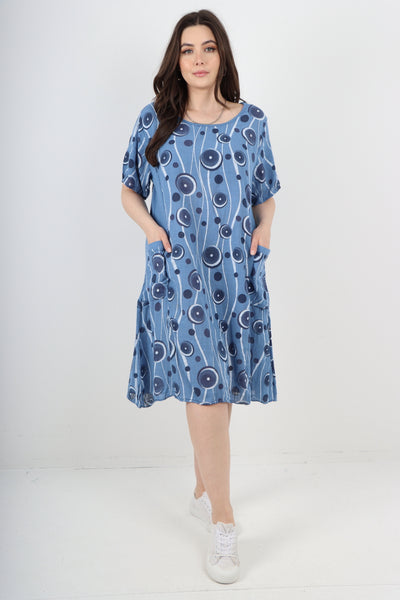 Italian Circle Pattern Ribbed Sides Short Sleeve Midi Dress