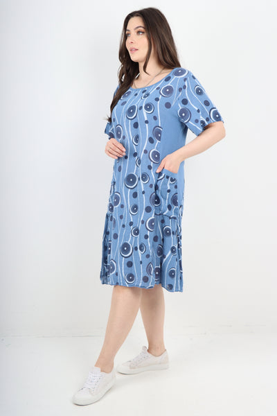 Italian Circle Pattern Ribbed Sides Short Sleeve Midi Dress