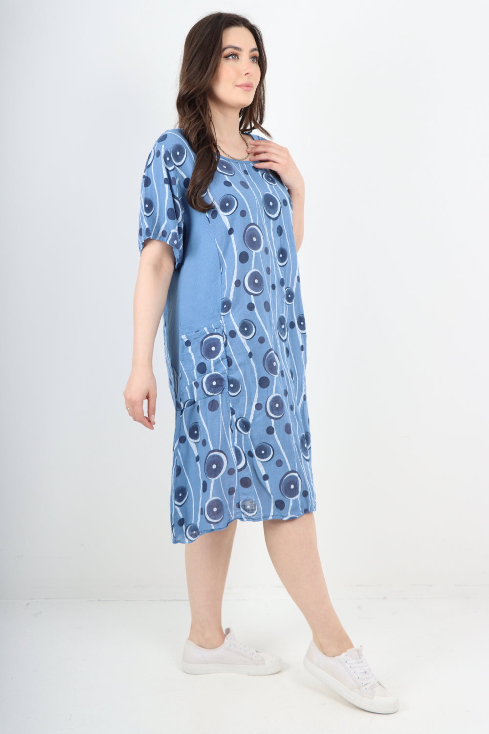 Italian Circle Pattern Ribbed Sides Short Sleeve Midi Dress