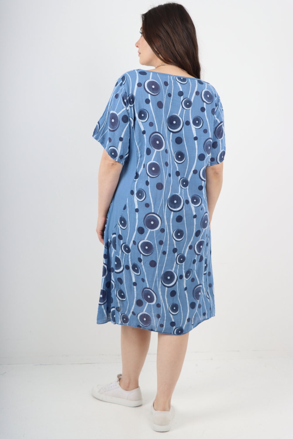 Italian Circle Pattern Ribbed Sides Short Sleeve Midi Dress