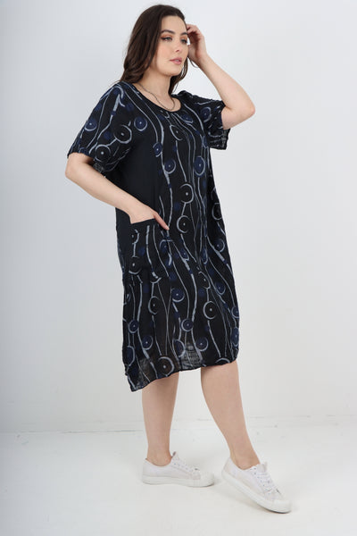 Italian Circle Pattern Ribbed Sides Short Sleeve Midi Dress