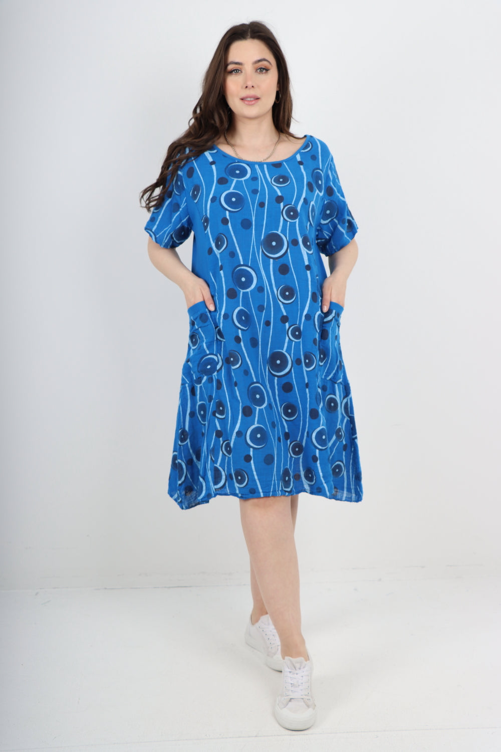 Italian Circle Pattern Ribbed Sides Short Sleeve Midi Dress