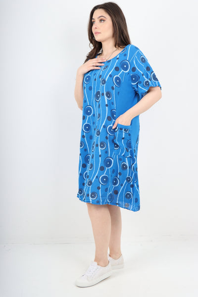 Italian Circle Pattern Ribbed Sides Short Sleeve Midi Dress