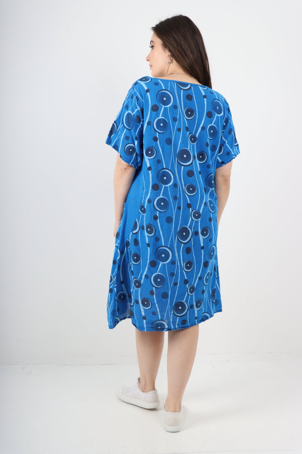 Italian Circle Pattern Ribbed Sides Short Sleeve Midi Dress