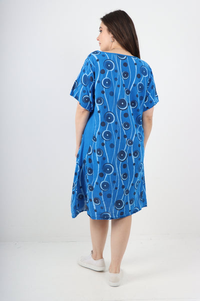 Italian Circle Pattern Ribbed Sides Short Sleeve Midi Dress