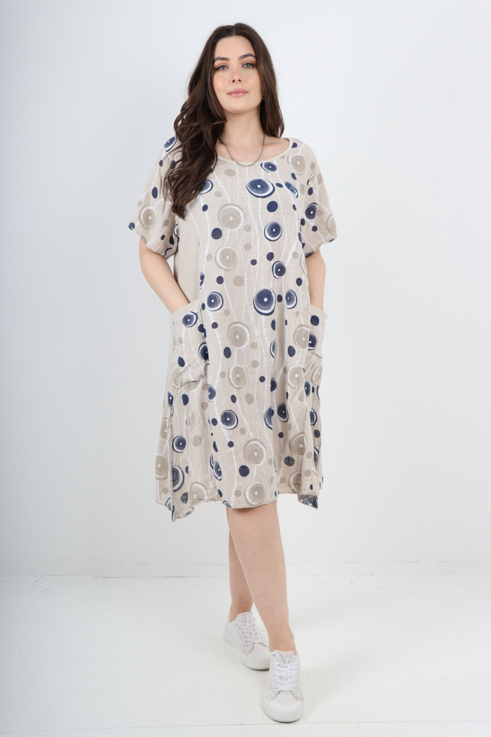 Italian Circle Pattern Ribbed Sides Short Sleeve Midi Dress