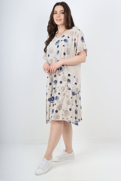 Italian Circle Pattern Ribbed Sides Short Sleeve Midi Dress