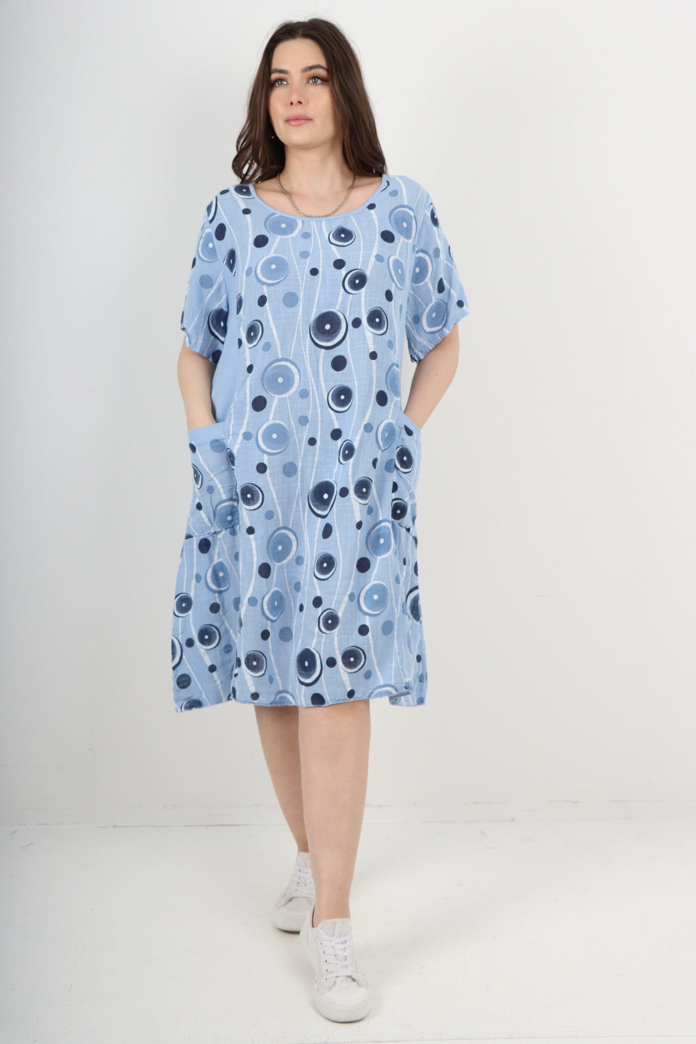 Italian Circle Pattern Ribbed Sides Short Sleeve Midi Dress