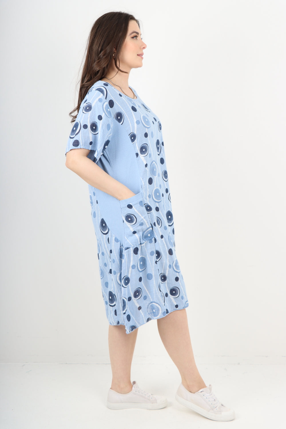 Italian Circle Pattern Ribbed Sides Short Sleeve Midi Dress