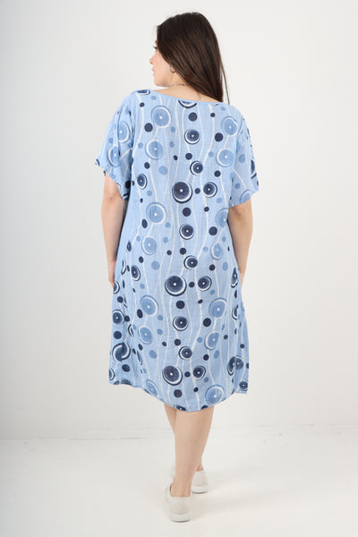 Italian Circle Pattern Ribbed Sides Short Sleeve Midi Dress