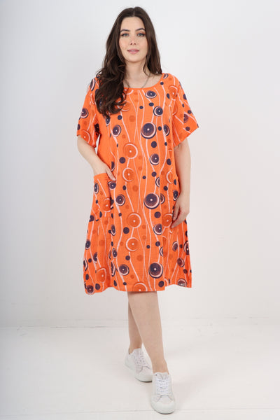 Italian Circle Pattern Ribbed Sides Short Sleeve Midi Dress