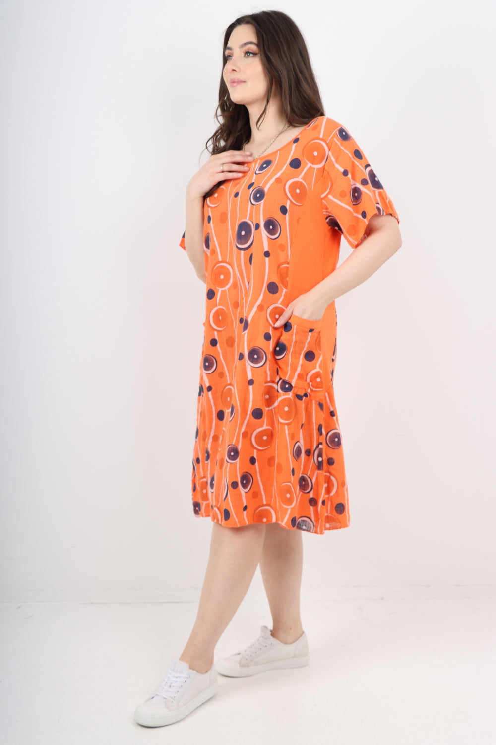 Italian Circle Pattern Ribbed Sides Short Sleeve Midi Dress