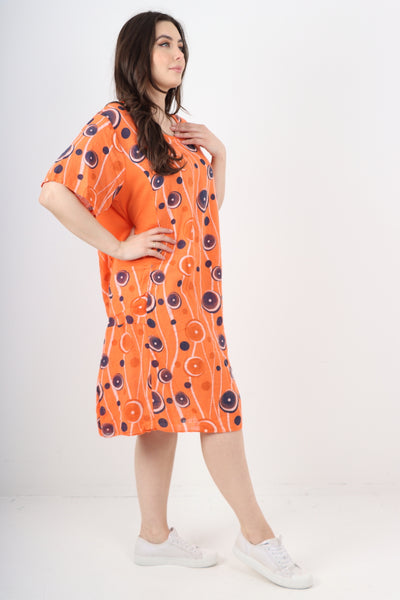 Italian Circle Pattern Ribbed Sides Short Sleeve Midi Dress