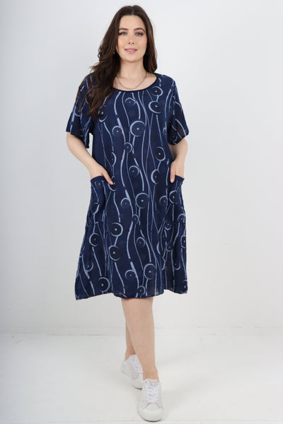 Italian Circle Pattern Ribbed Sides Short Sleeve Midi Dress