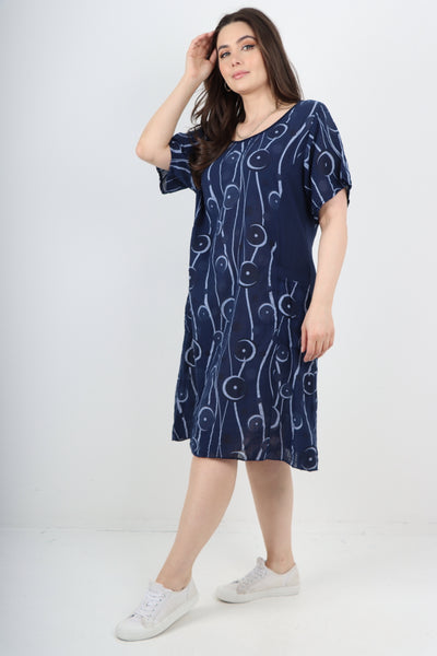 Italian Circle Pattern Ribbed Sides Short Sleeve Midi Dress