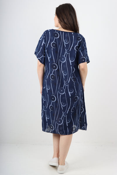 Italian Circle Pattern Ribbed Sides Short Sleeve Midi Dress