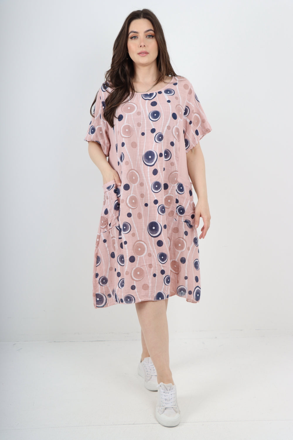 Italian Circle Pattern Ribbed Sides Short Sleeve Midi Dress