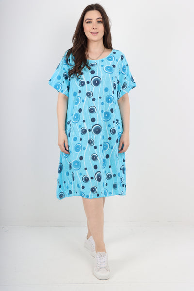 Italian Circle Pattern Ribbed Sides Short Sleeve Midi Dress