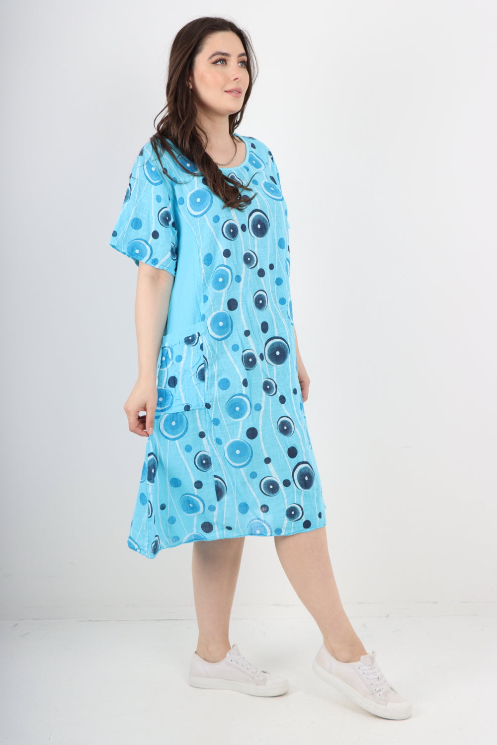 Italian Circle Pattern Ribbed Sides Short Sleeve Midi Dress