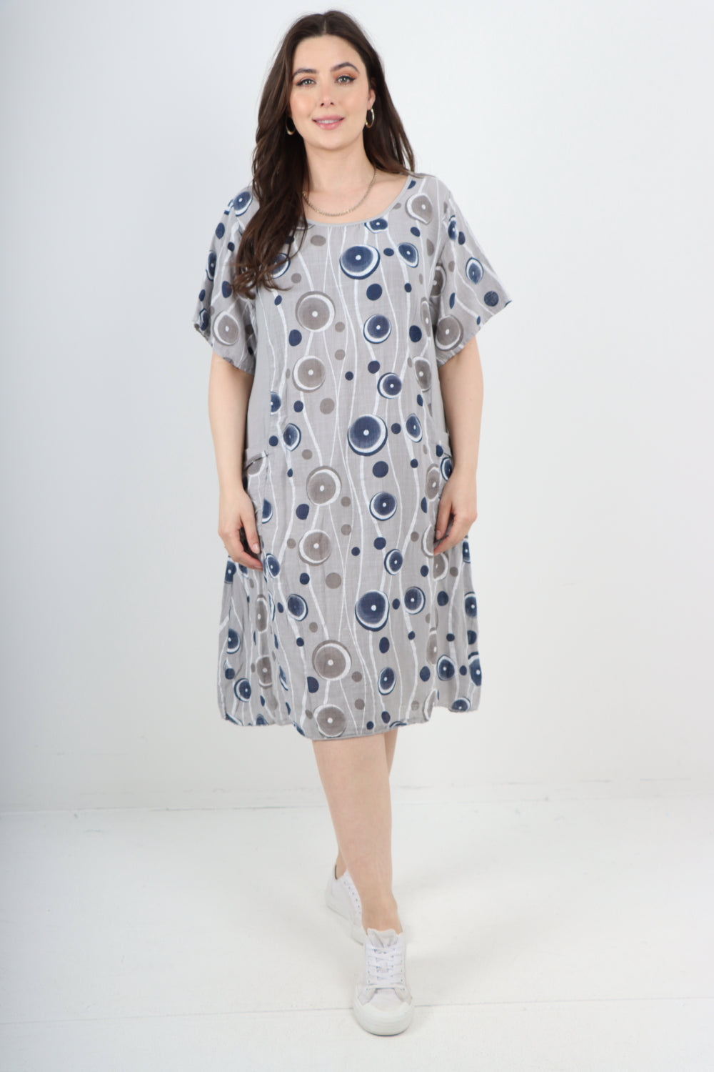 Italian Circle Pattern Ribbed Sides Short Sleeve Midi Dress