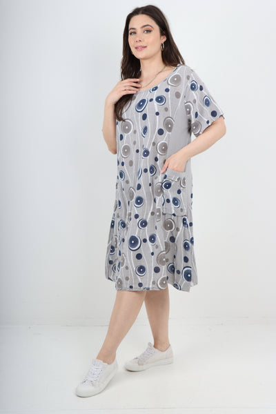 Italian Circle Pattern Ribbed Sides Short Sleeve Midi Dress