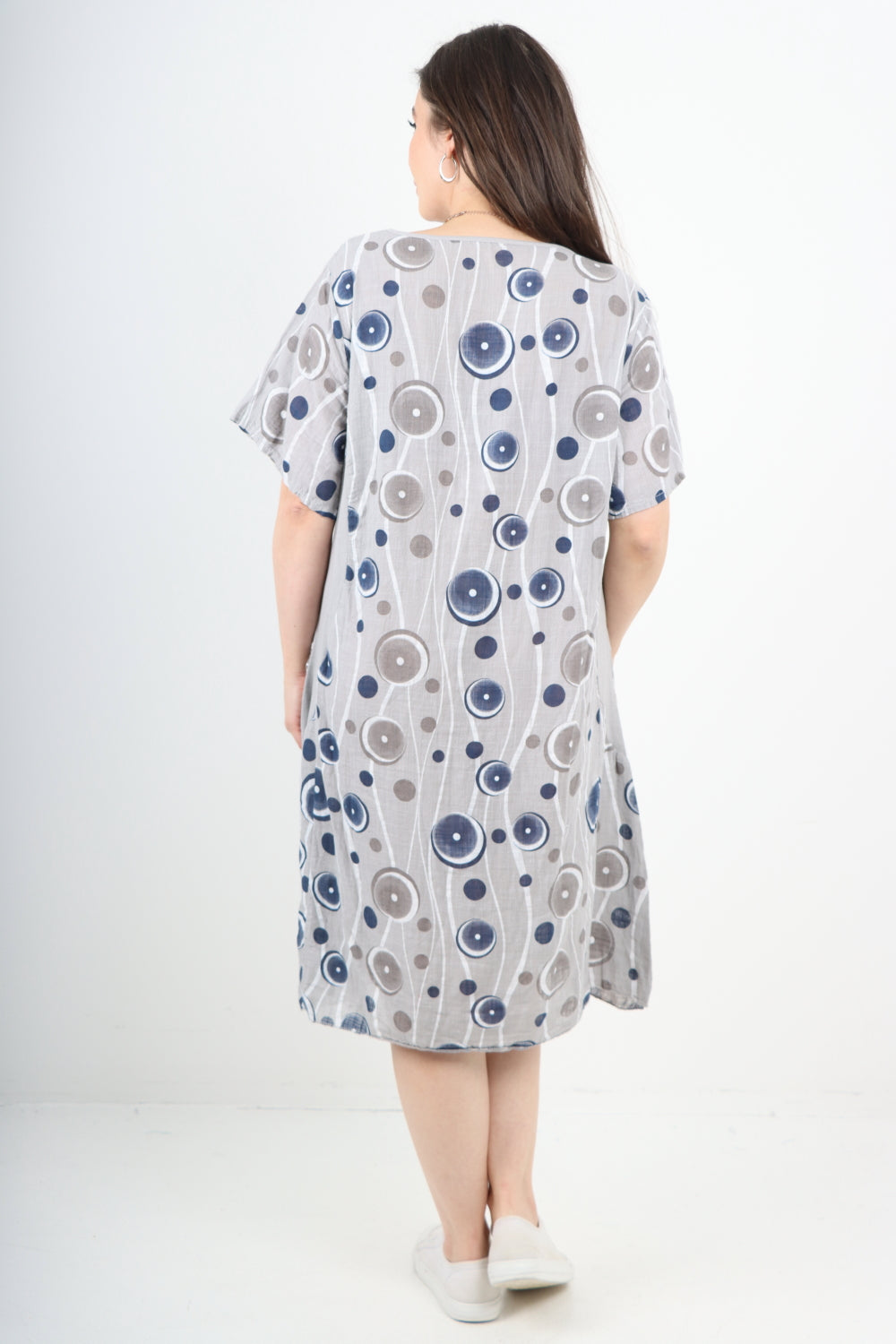 Italian Circle Pattern Ribbed Sides Short Sleeve Midi Dress