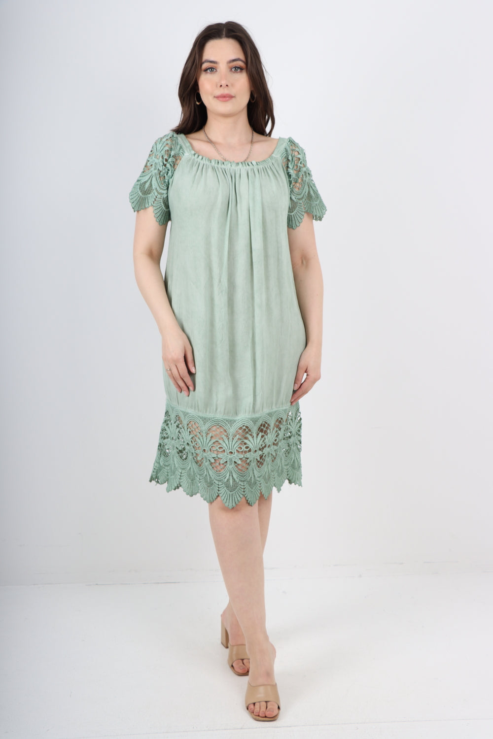 Italian Crochet Lace Panel Detail Bardot Midi Dress