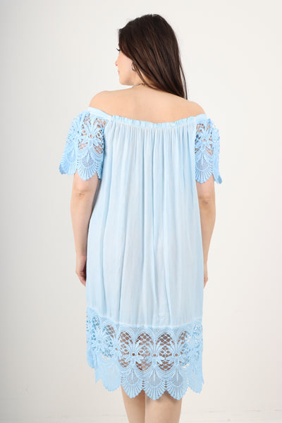 Italian Crochet Lace Panel Detail Bardot Midi Dress