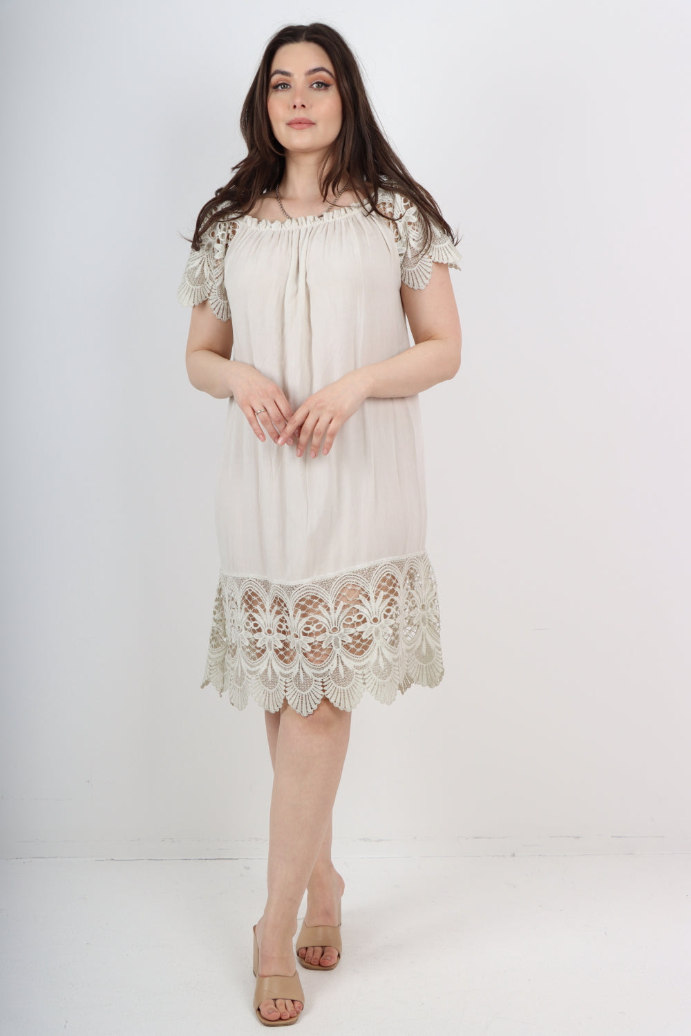 Italian Crochet Lace Panel Detail Bardot Midi Dress