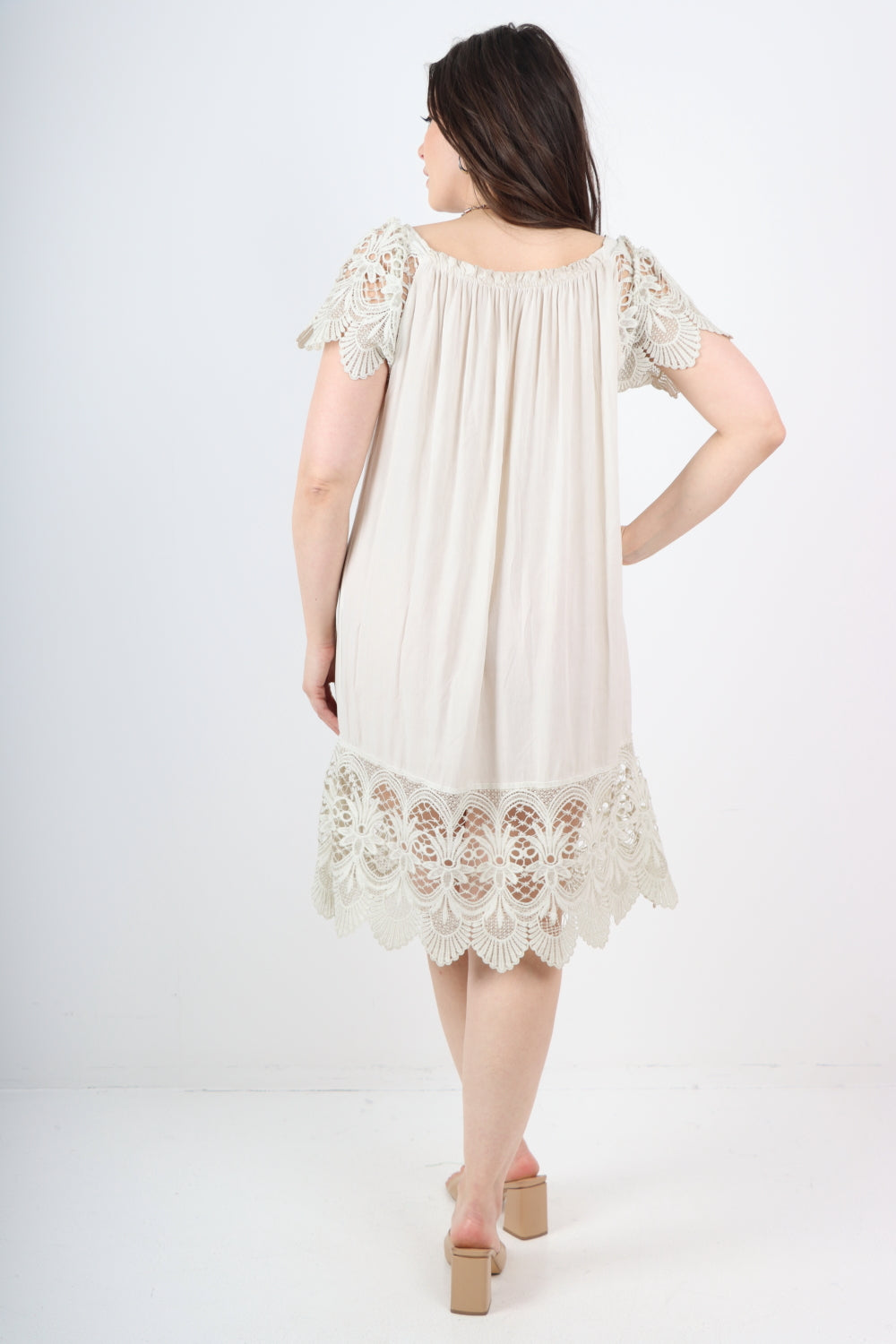 Italian Crochet Lace Panel Detail Bardot Midi Dress