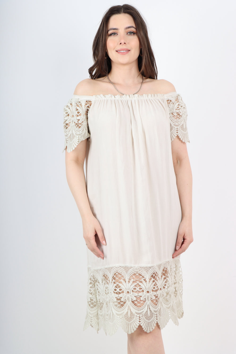 Italian Crochet Lace Panel Detail Bardot Midi Dress