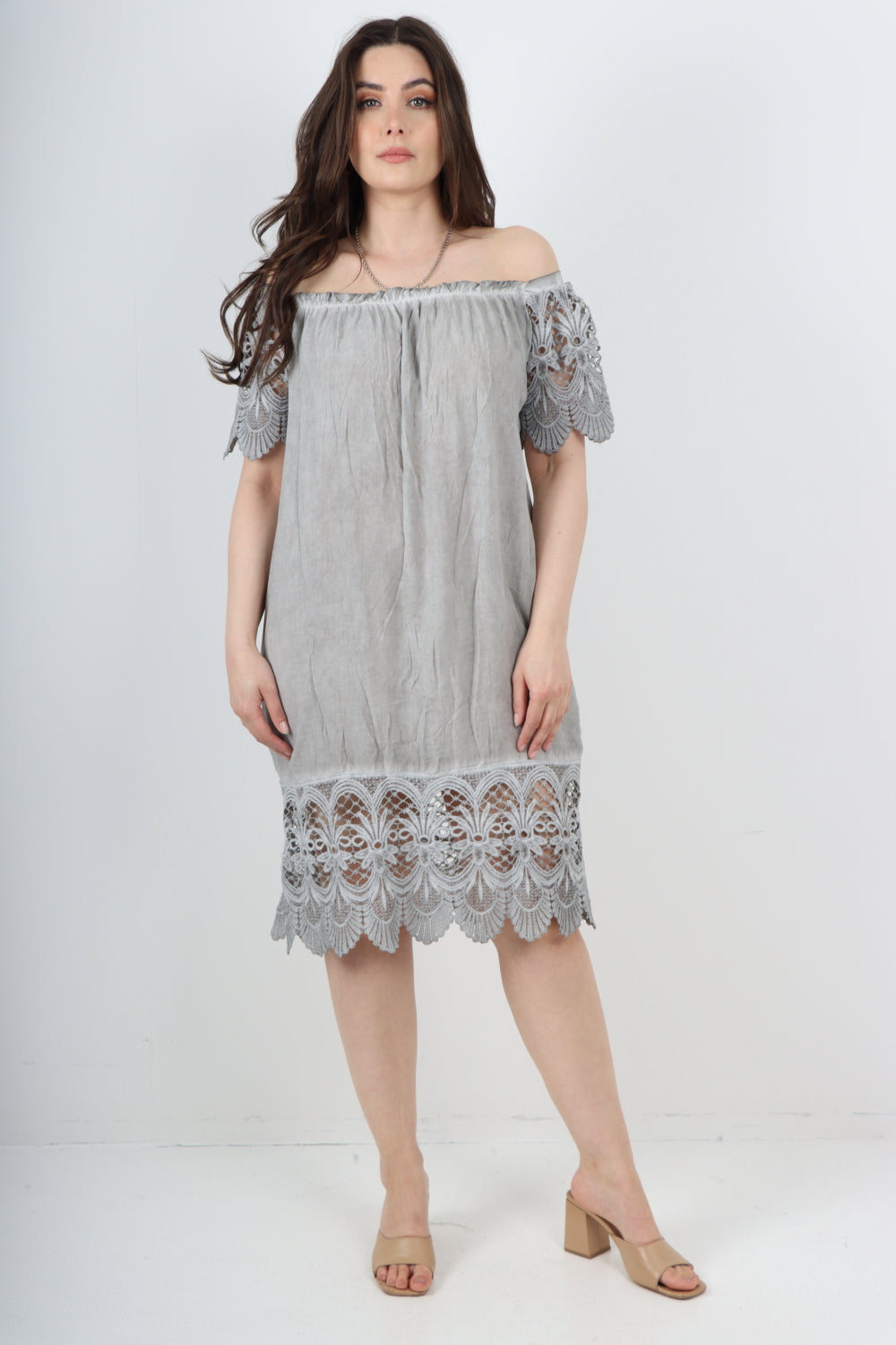 Italian Crochet Lace Panel Detail Bardot Midi Dress