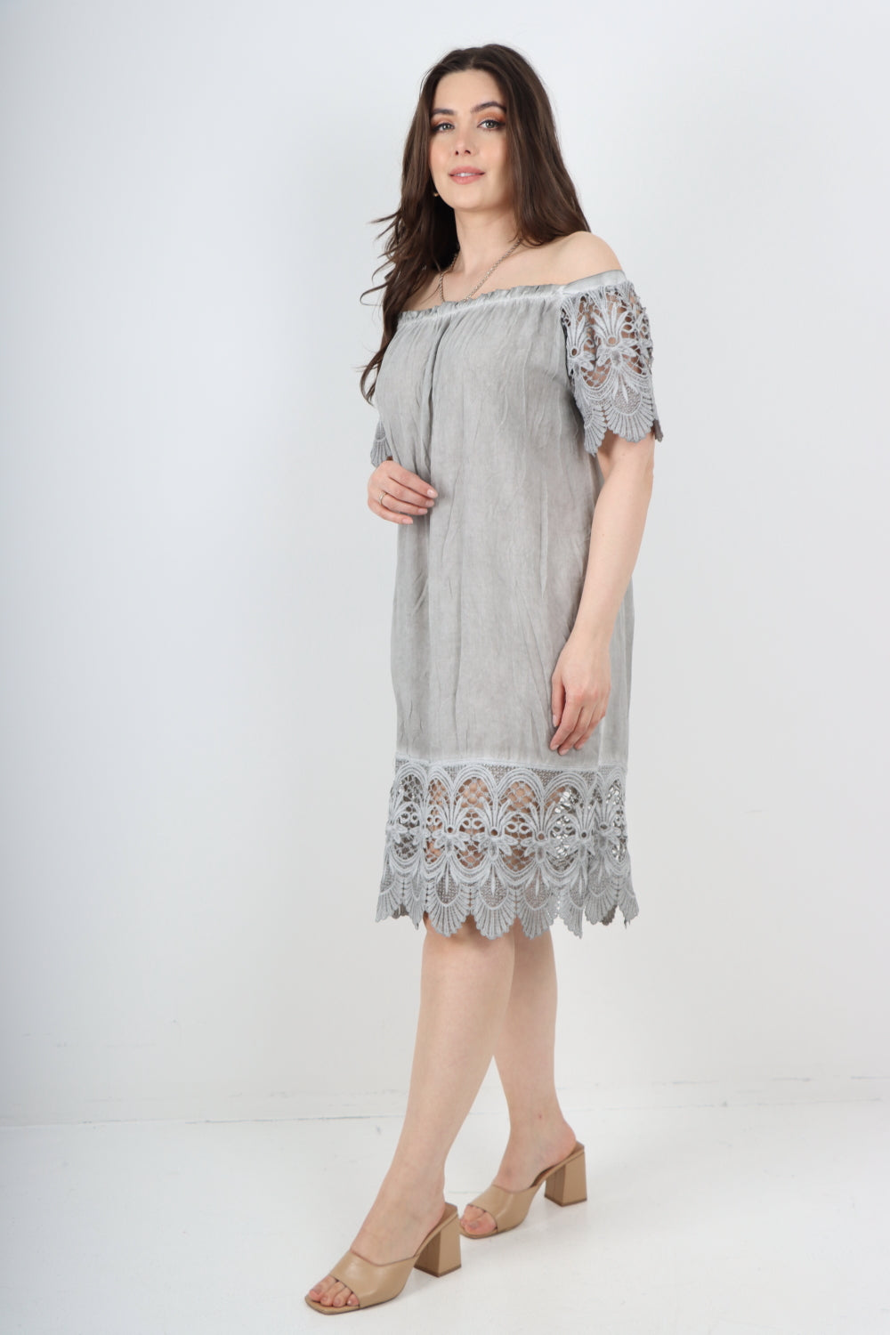 Italian Crochet Lace Panel Detail Bardot Midi Dress