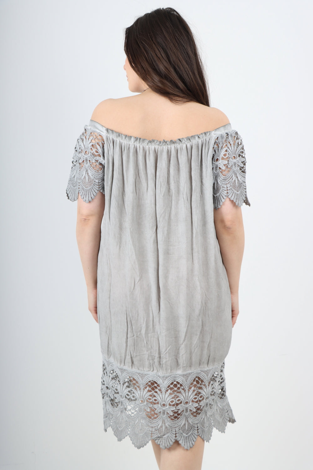 Italian Crochet Lace Panel Detail Bardot Midi Dress