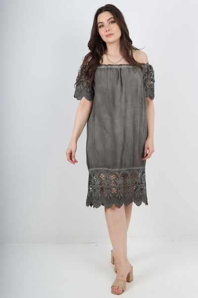 Italian Crochet Lace Panel Detail Bardot Midi Dress