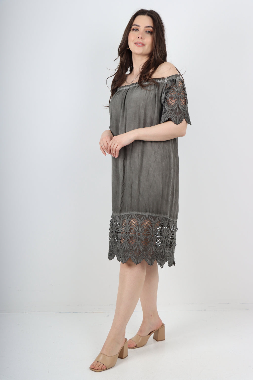 Italian Crochet Lace Panel Detail Bardot Midi Dress