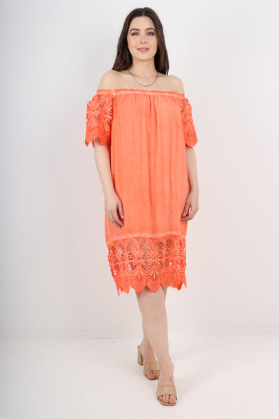 Italian Crochet Lace Panel Detail Bardot Midi Dress