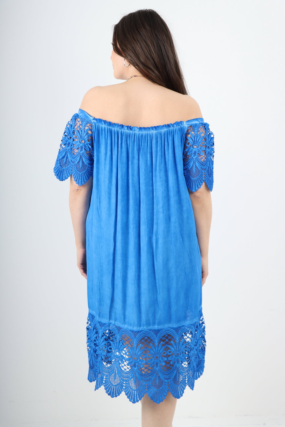 Italian Crochet Lace Panel Detail Bardot Midi Dress