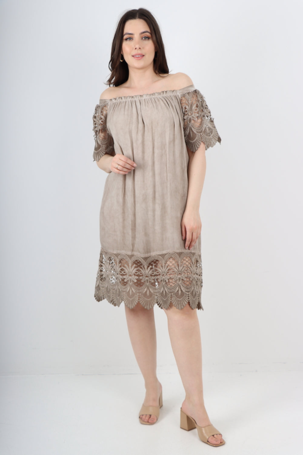 Italian Crochet Lace Panel Detail Bardot Midi Dress